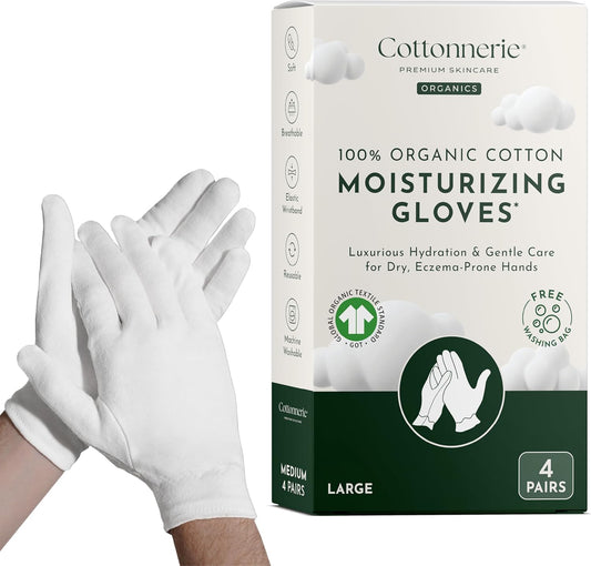 Cottonnerie Organic Cotton Gloves for Dry Hands Sleeping, Moisturizing Gloves Overnight, Hand Moisturizer Gloves, Moisture Gloves for Dry Hands Overnight, Sleeping Gloves, Large 4 Pairs