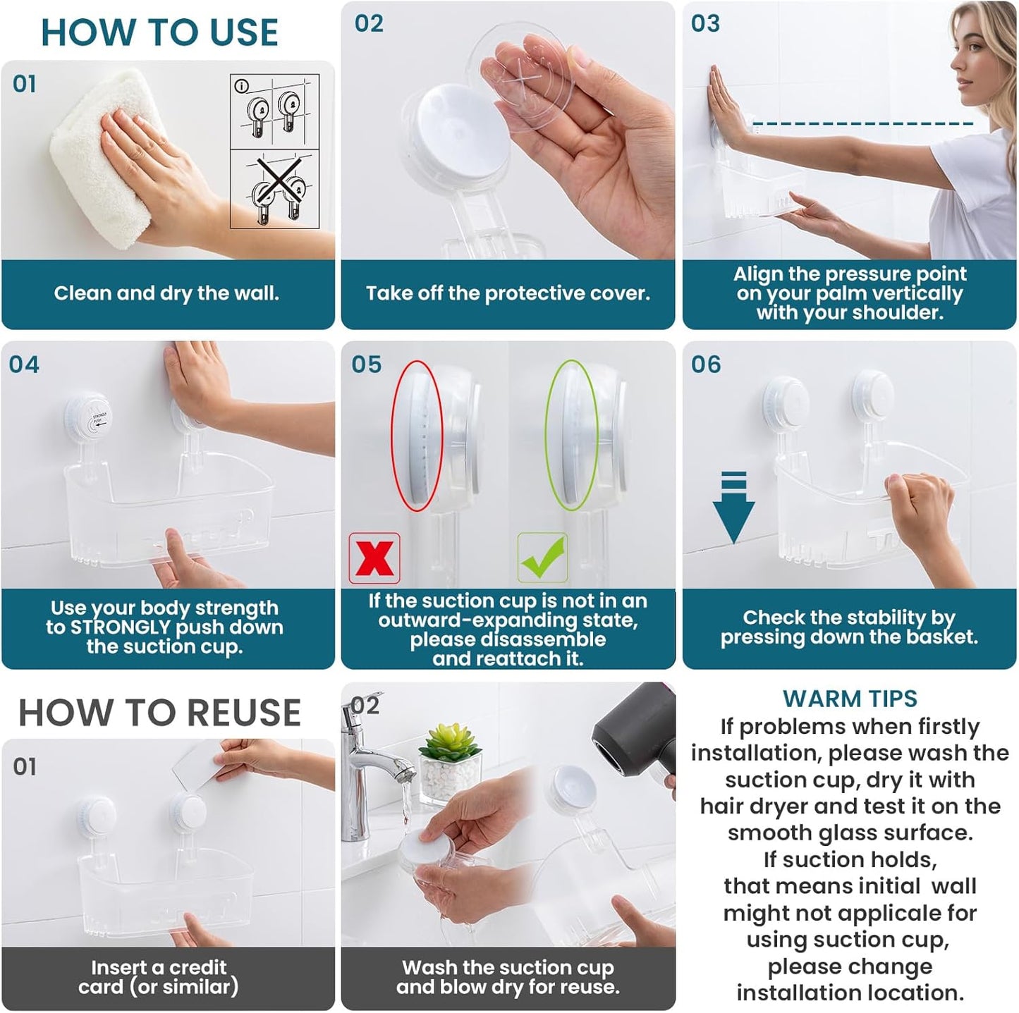 TAILI Shower Caddy Suction Cup, Heavy Duty Bathroom Organizer, Removable Shelves for Inside Shower, Shampoo, Waterproof Suction Plastic Storage for Bathroom Accessories Holder, Frosted Clear