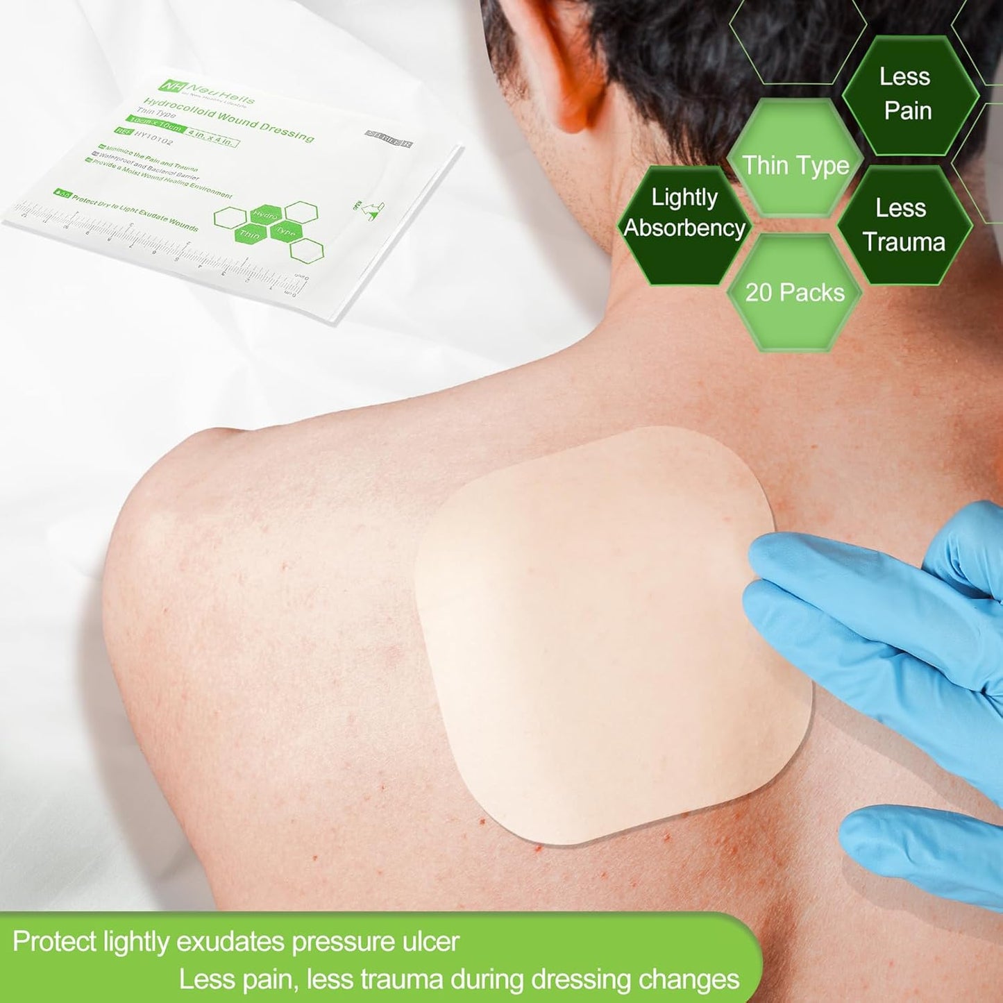 20 Pack Hydrocolloid Wound Dressing 4x4 Inch Extra Thin Hydrocolloid Bandages Patches for Light Exudates Pressure Ulcers, Bed Sores, Minor Burns, Cuts & Abrasions, Blister & Surgical Wound Care