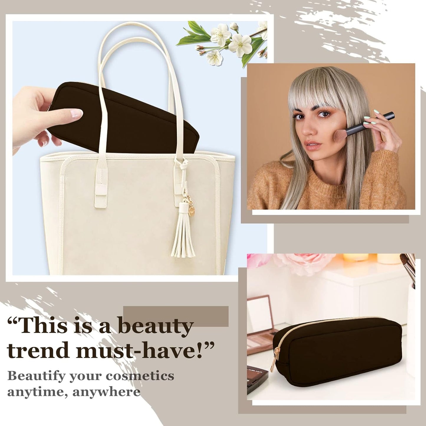 izuzta Nylon Small Makeup Bag Slim Pouch, Preppy Cute Makeup Brush Case Bag Cosmetic Zipper Pouch for Purse, Waterproof Travel Toiletry Bag Clutch Coin Pouch Make Up Organizer for Women(Brown)