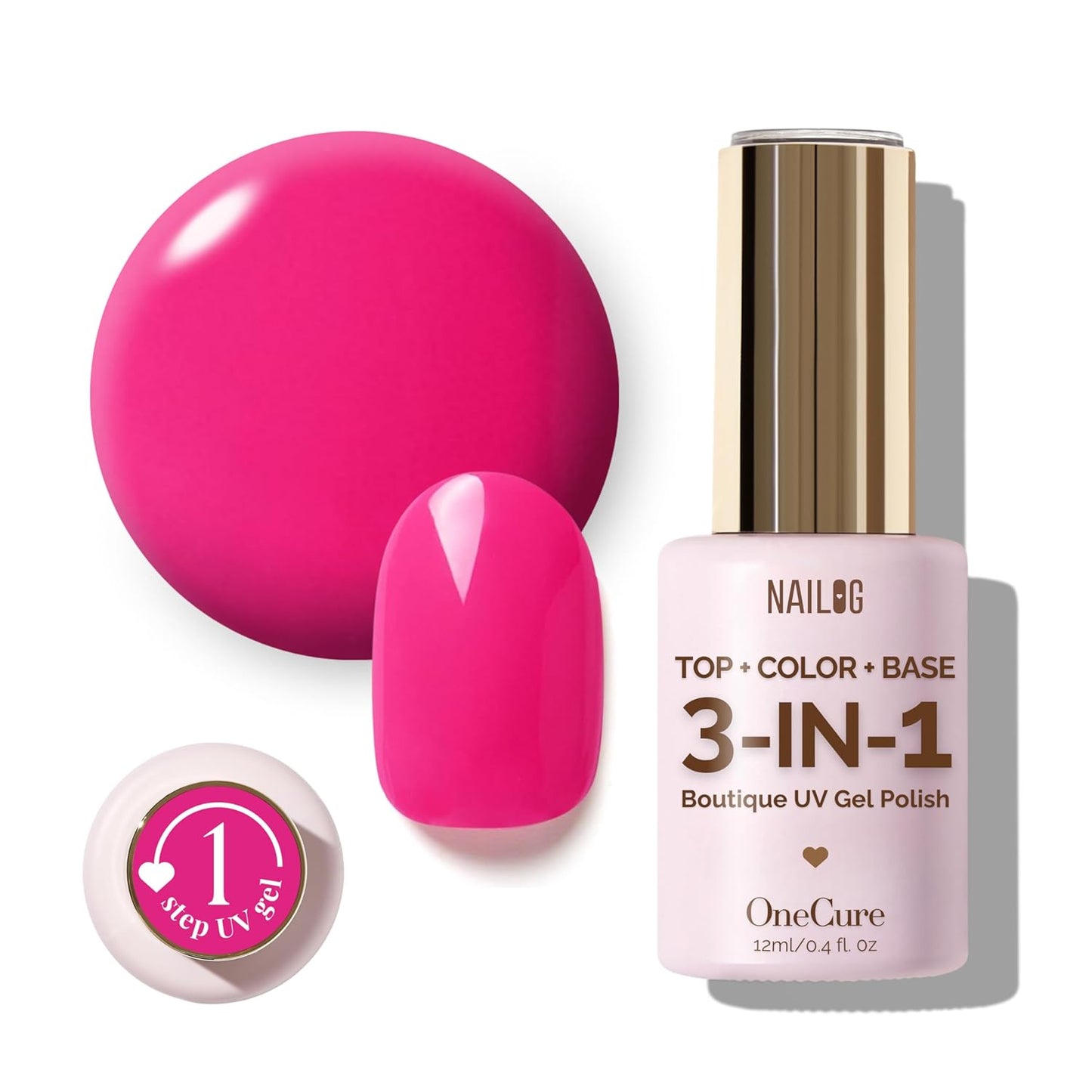 NAILOG One Step Hot Pink Gel Nail Polish 12ml Top Coat Color Gel Base 3-In-1 Formula Soak Off UV Gel Polish for Home DIY & Gifting | Fuchusia