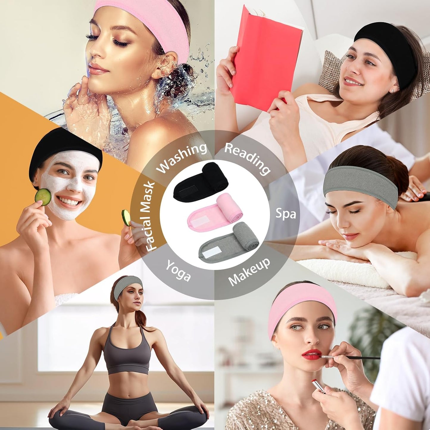3 Pack Facial Spa Headband for Women - Adjustable, Non-Slip Terry Cloth Headband for Washing Face, Makeup, and Shower - Soft and Stretchable Hair Wrap