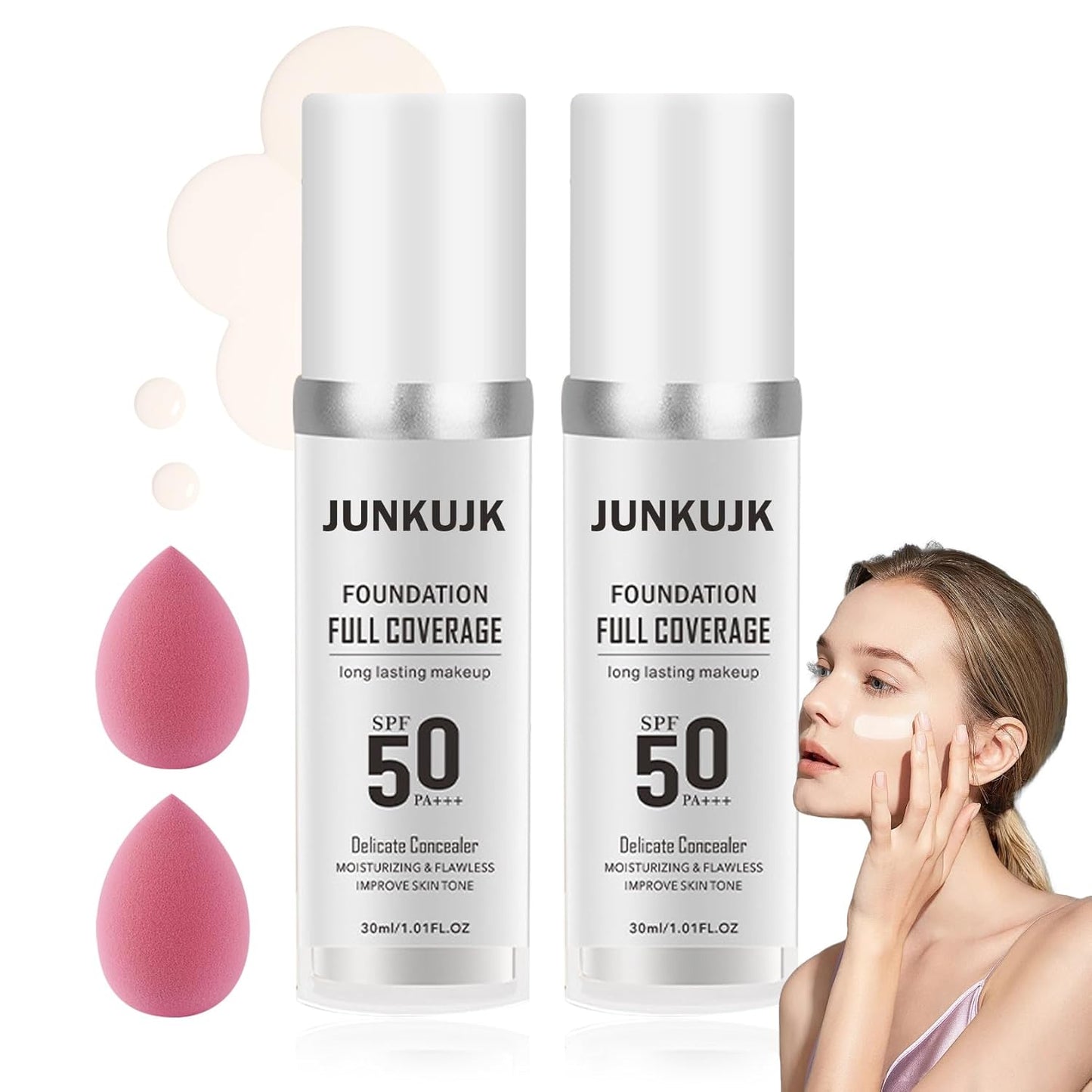 2PCS Color Changing Foundation with SPF 50 +++,Moisturizing Liquid Foundation Makeup Kit with 2 Makeup Sponges,Oil Control Long Lasting Non-greasy Full Coverage Concealer for All Skin Types