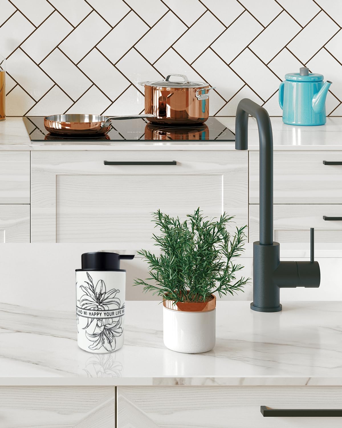 Ceramic White Foam Soap Dispenser for Bathroom & Kitchen,Lily Pattern Hand Sanitizer Bottle,Chic Home Deco (Foam)