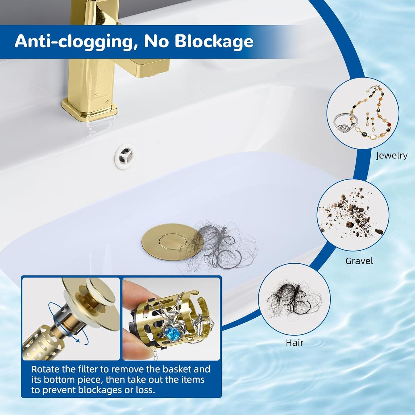 Hibbent 2 Pack Upgraded 3 in 1 Bathroom Sink Drain Strainer, Universal Pop Up Stopper with Removable Stainless Steel Filter Basket Hair Catcher, Sink Plug for 1.1''~2.36'' Basin, Brushed Gold