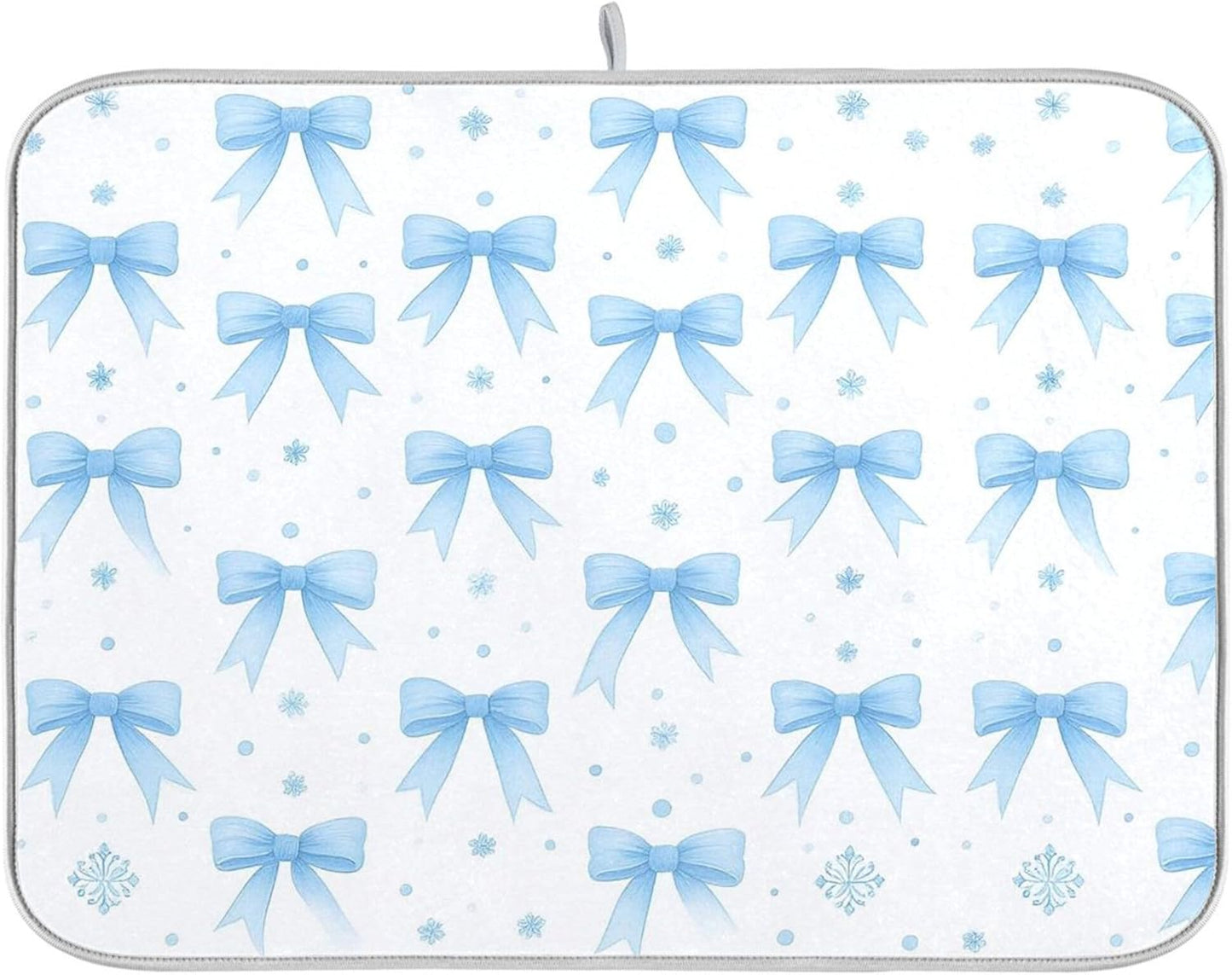 Blue Bow Ribbon Dish Drying Mat for Kitchen Countertop 16x18 Bowknot White Coquette Pattern Small Drying Mat Reusable Quick Dry Dish Sink Mats Easy Clean Decorative Essentials