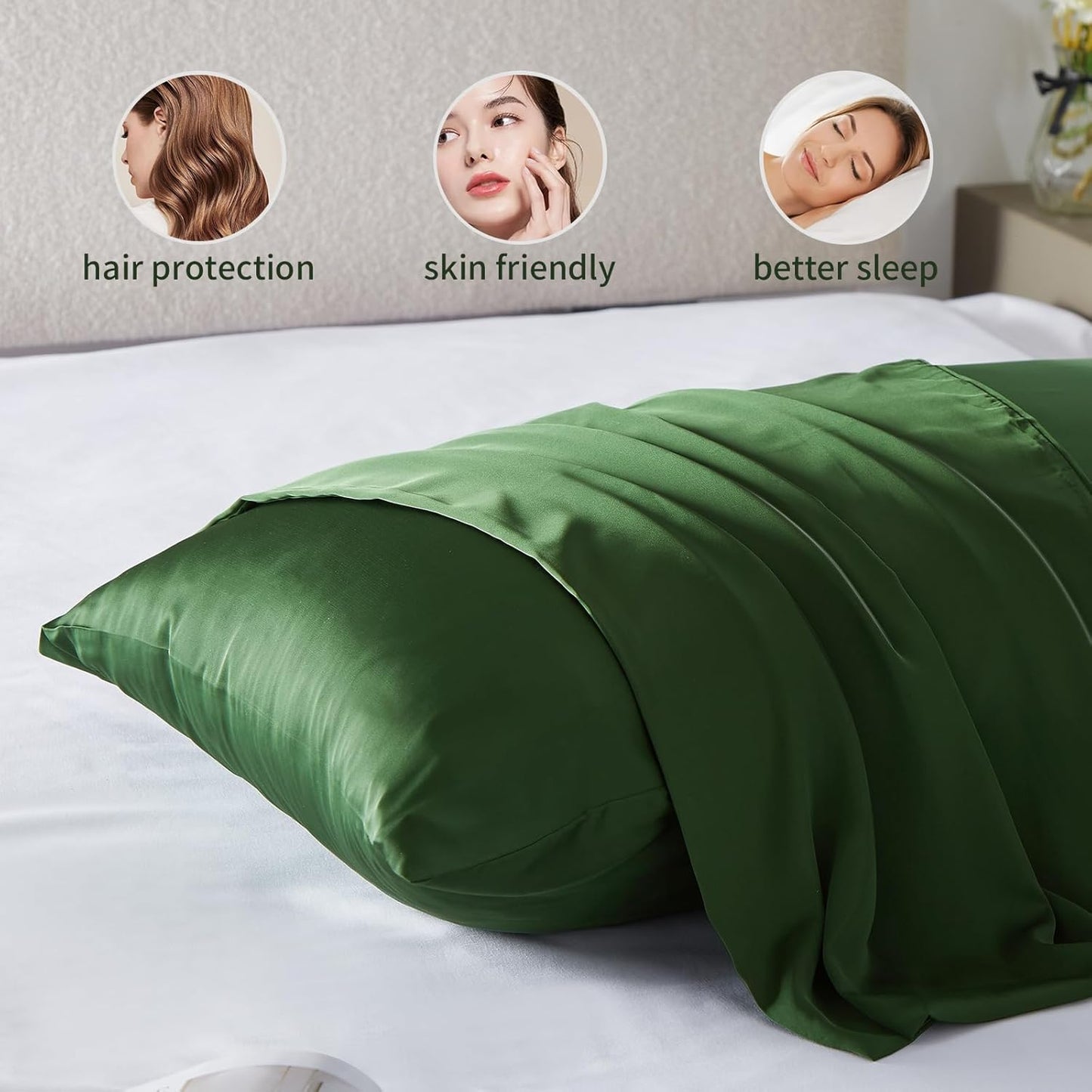 Mulberry Silk Pillow Cases 2 Pack - Soft, Breathable Natural Silk Pillowcase with Zipper - Beauty Sleep - Gift (Standard, Green)