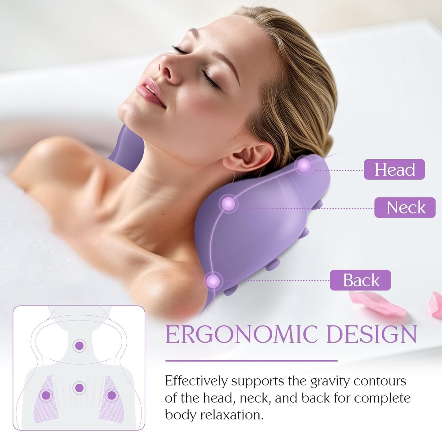 Silicone Bath Pillow, New Material Bath Pillows for Tub Head Neck and Back Support, Bath Tub Pillow with 4D Press Inflatable Airbag and Non-Slip Strong Suction Cup, Quick-Drying, Easy to Store, Purple