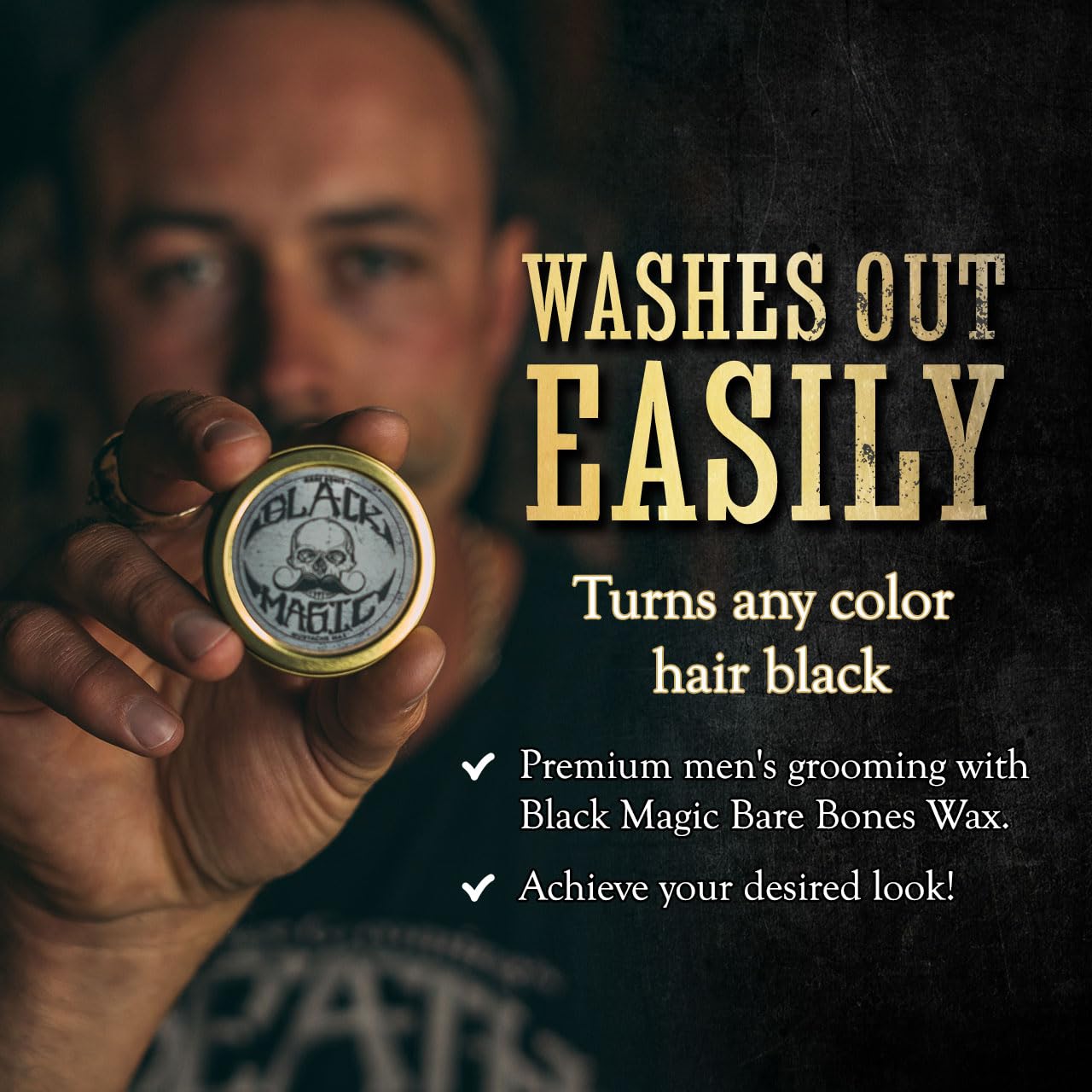 Black Mustache Wax | Black Magic Death Grip Moustache Wax | Hide Grey Hair In Beard Or Moustache | Extra Strong Hold Mustache Wax Unscented | 1 oz Tin Heat Source Required (Black Magic Bone Crusher)