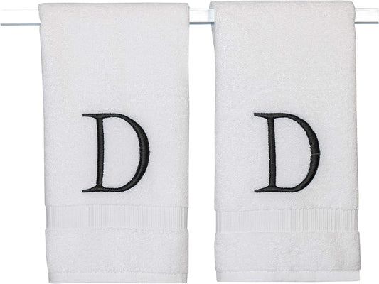 Black Luxury Hand Towel for Bathroom - Monogrammed Initial Hotel Quality Decorative Embroidered Towel for Powder Room, Spa - GOTS Organic Certified - Set of 2 Letter D