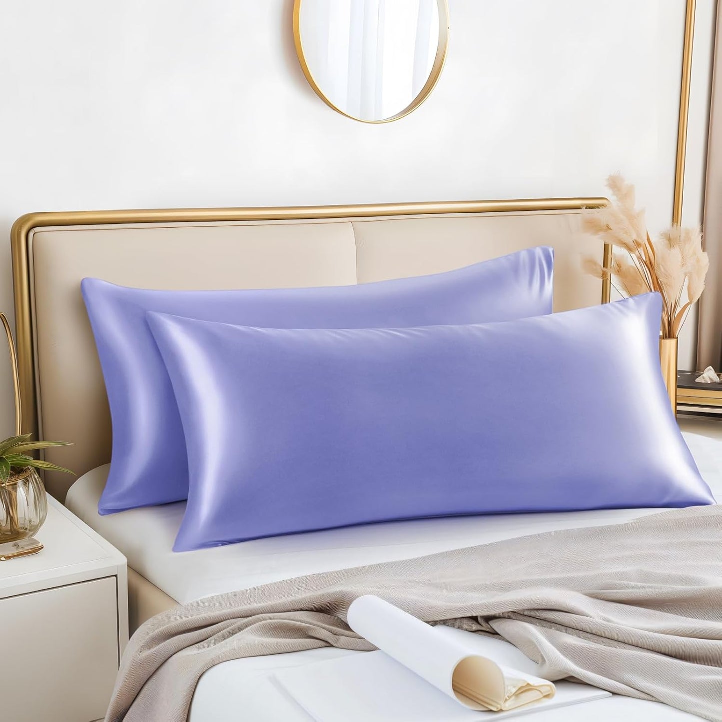 BEDELITE Satin Body Pillow Cover 2 Pack, Super Soft and Cooling Body Pillow Pillowcase for Hair and Skin, Breathable Silky Full Long Pillowcase Cover(20"x54", Lilac)
