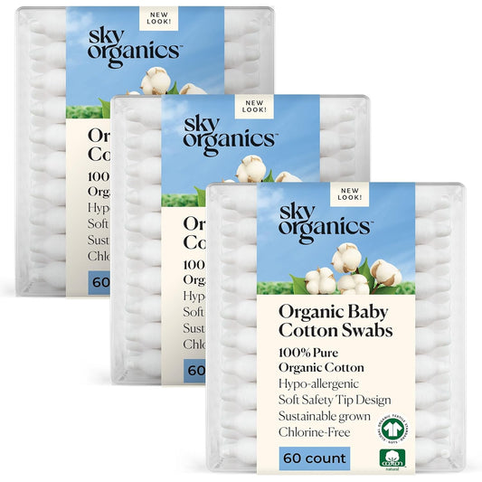 Sky Organics - Organic Baby Cotton Swabs, 180 ct. - Ultra Soft Baby Safe Tips - Strong & Durable - Hypoallergenic - Chlorine Free - Natural, Vegan & Cruelty Free - Skin Care & Baby Care