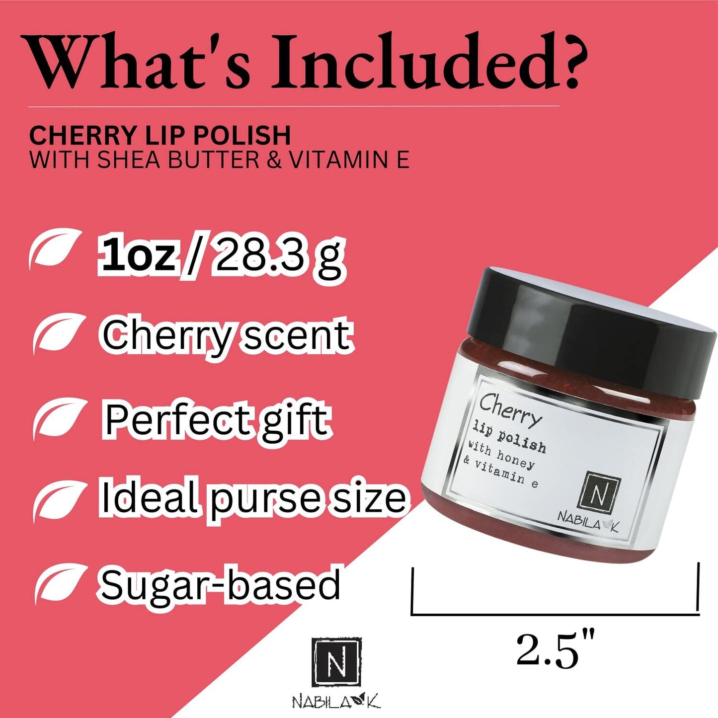 Cherry Lip Polish, 1 oz by Nabila K - Hydrating Lip Exfoliator & Moisturizer with Honey and Vitamin E for Dry and Chapped Lips - Cruelty-Free, Real Sugar, Made in USA