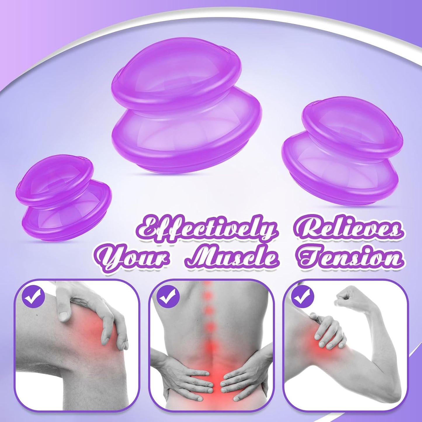 TrelaCo 6 Pcs Cupping Kit for Massage Therapy 3 Sizes Silicone Cupping Set Chinese Massage Therapy for Studio Household Cellulite Joint Pain Muscle Pain(Clear Purple)