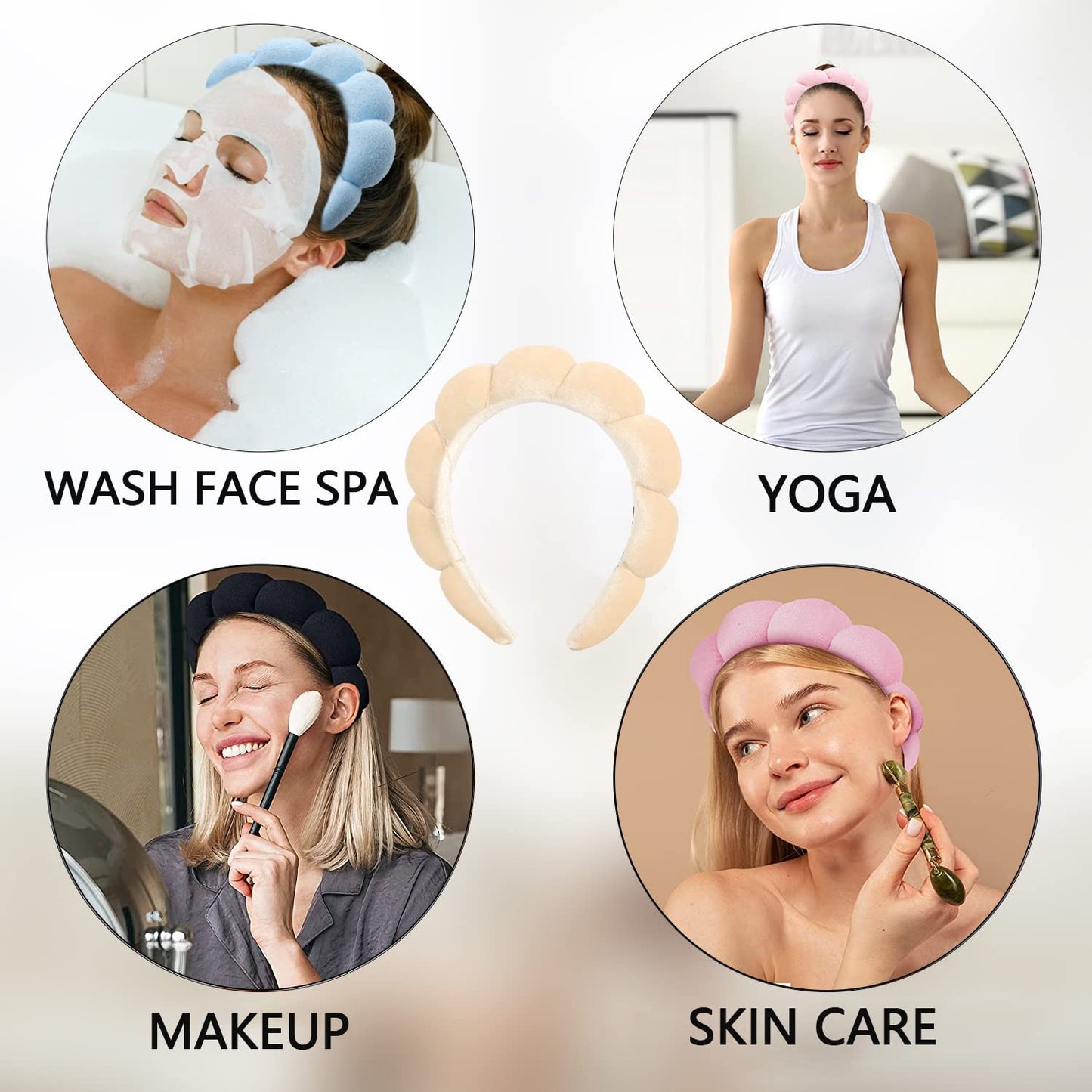 Luckybear Spa Headband for Washing Face, Velvet Makeup Headband with Face Wash Wristbands - Nude