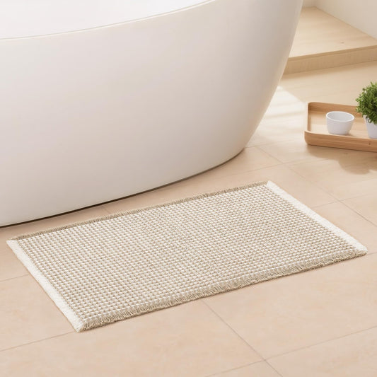 Waffle Bath Mat - Boho Bathroom Rugs Non Slip Washable, Super Absorbent & Quick Dry, Soft Bath Mat Farmhouse Bathroom Decor, 20'' x 32'', Khaki and White