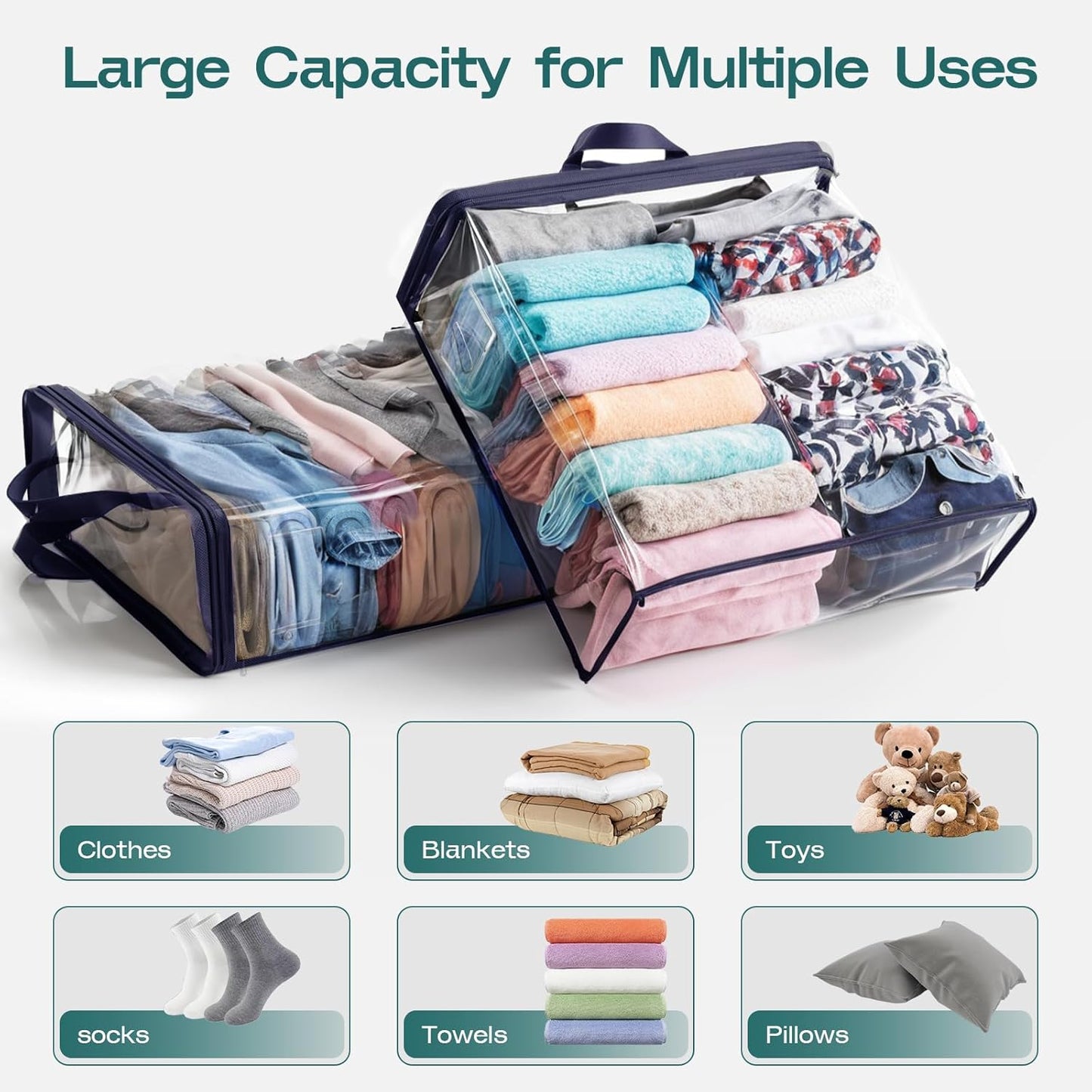 5 Pack Clear Storage Bags for Clothes, 22L Blanket Storage Bags, Under Bed Storage, Closet Organizers Bag, Upgraded Version Two-Way Zippers Design(Navy Blue)
