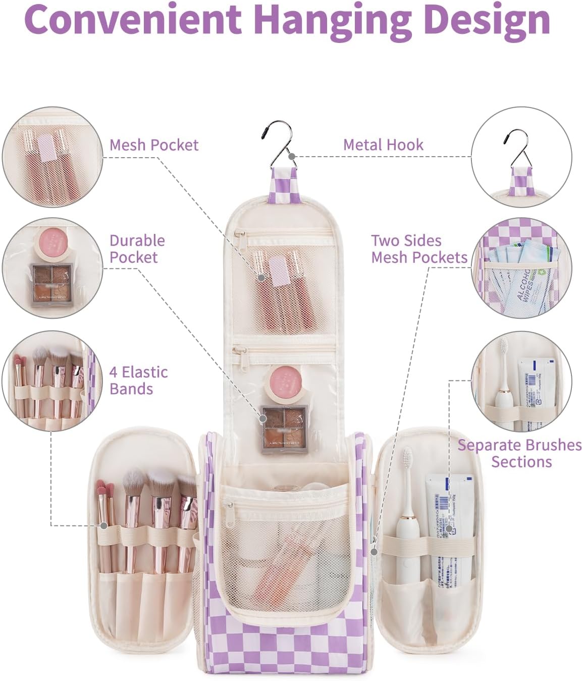 Narwey Small Checkered Hanging Travel Toiletry Bag for Women, Travel Bag for Toiletries, Makeup Bag Organizer Cosmetic Bags Make Up Bags for Women (Purple Checkerboard)