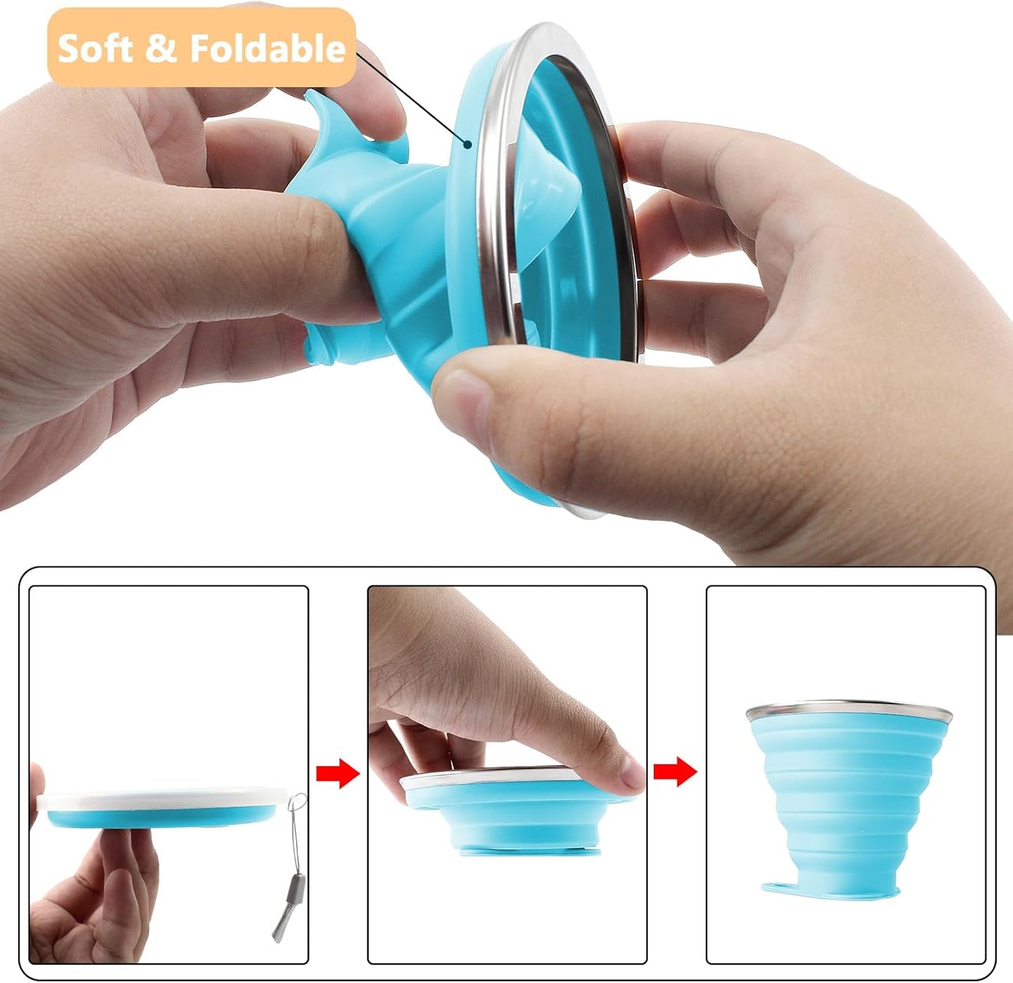 Litoexpe 4 Pack Silicone Collapsible Travel Cup Portable Folding Camping Cup Sets with Lids, Orange & Blue & Coffee & Purple, Capacity 9.22oz (270ml)