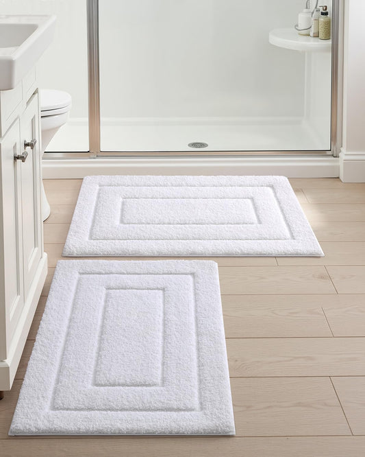 DEXI Bathroom Rug Set 2 Piece 24x16, Non Slip Washable Bath Mat for Shower Floor, Absorbent Soft Bathmat with Rubber Backing, Quick Dry Microfiber Carpet, White
