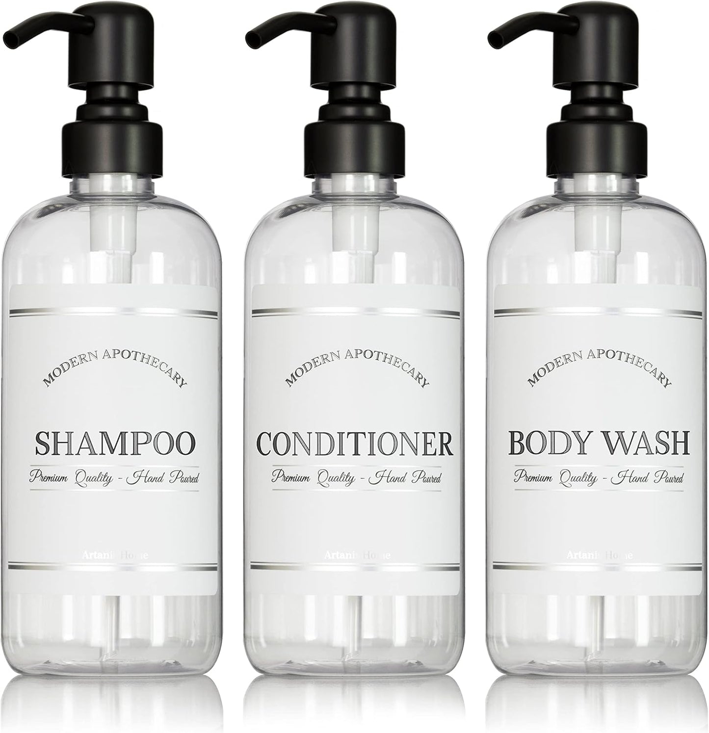 Clear Refillable Shampoo and Conditioner Bottles - Body Wash, Shampoo and Conditioner Dispenser - PET Plastic Shampoo Bottles Refillable with Pump - Waterproof Labels - 16 oz, 3 Pack (Black Satin)