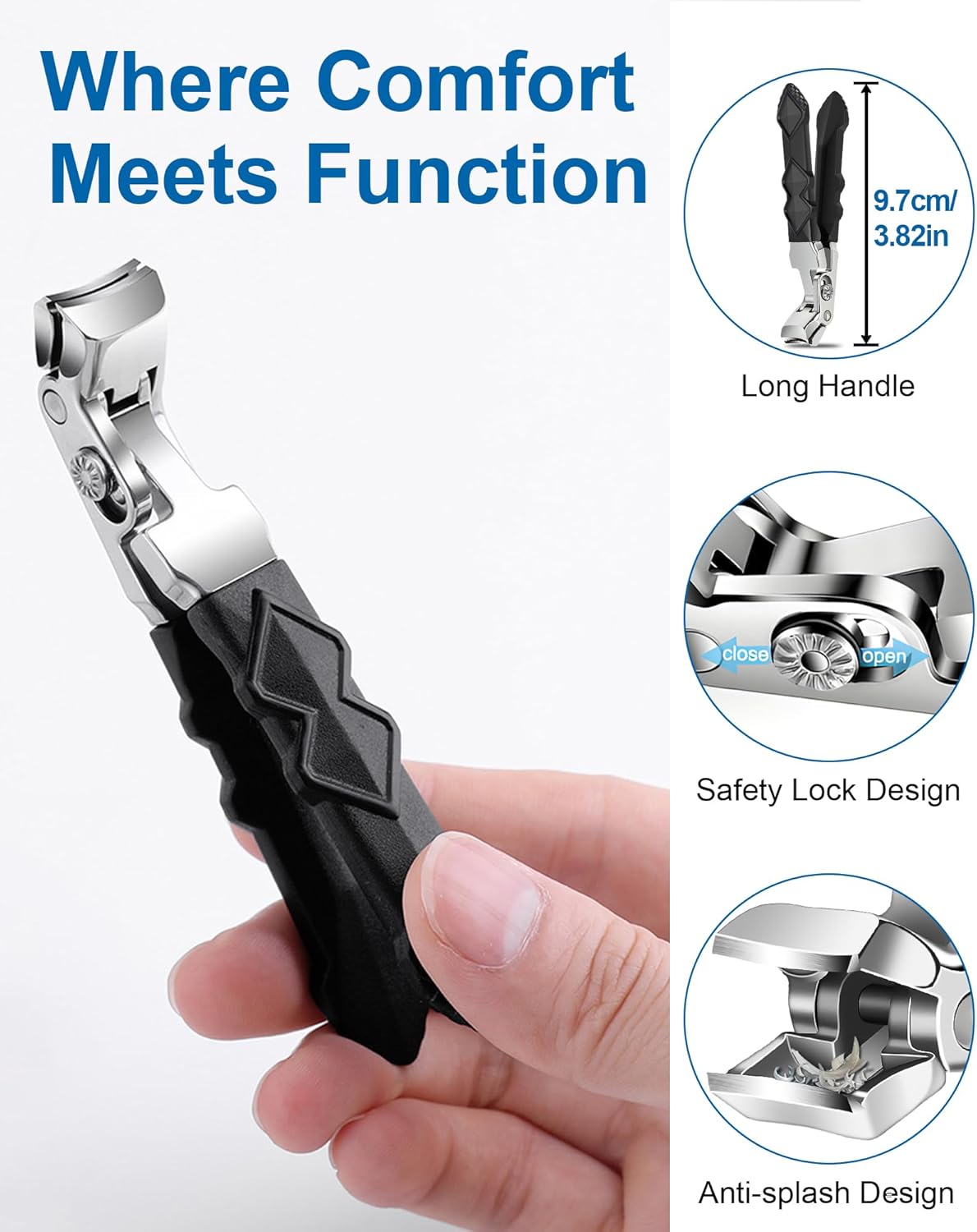 Toenail Clippers for Seniors - 2Pcs Angled Head Ergonomic Toe Nail Clippers for Thick Nails, Wide Jaw Opening, with Catcher & Long Handle, for Men and Women - Black