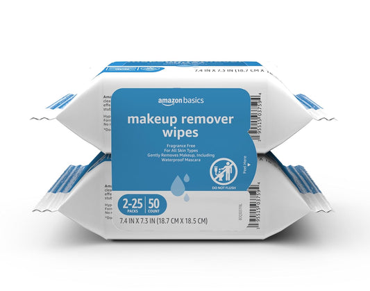 Amazon Basics Makeup Remover Wipes, Fragrance- and Alcohol-Free, Gentle Cleansing, Removes Waterproof Mascara, Dermatologist Tested, 25 Count, Pack of 2 (Previously Solimo)