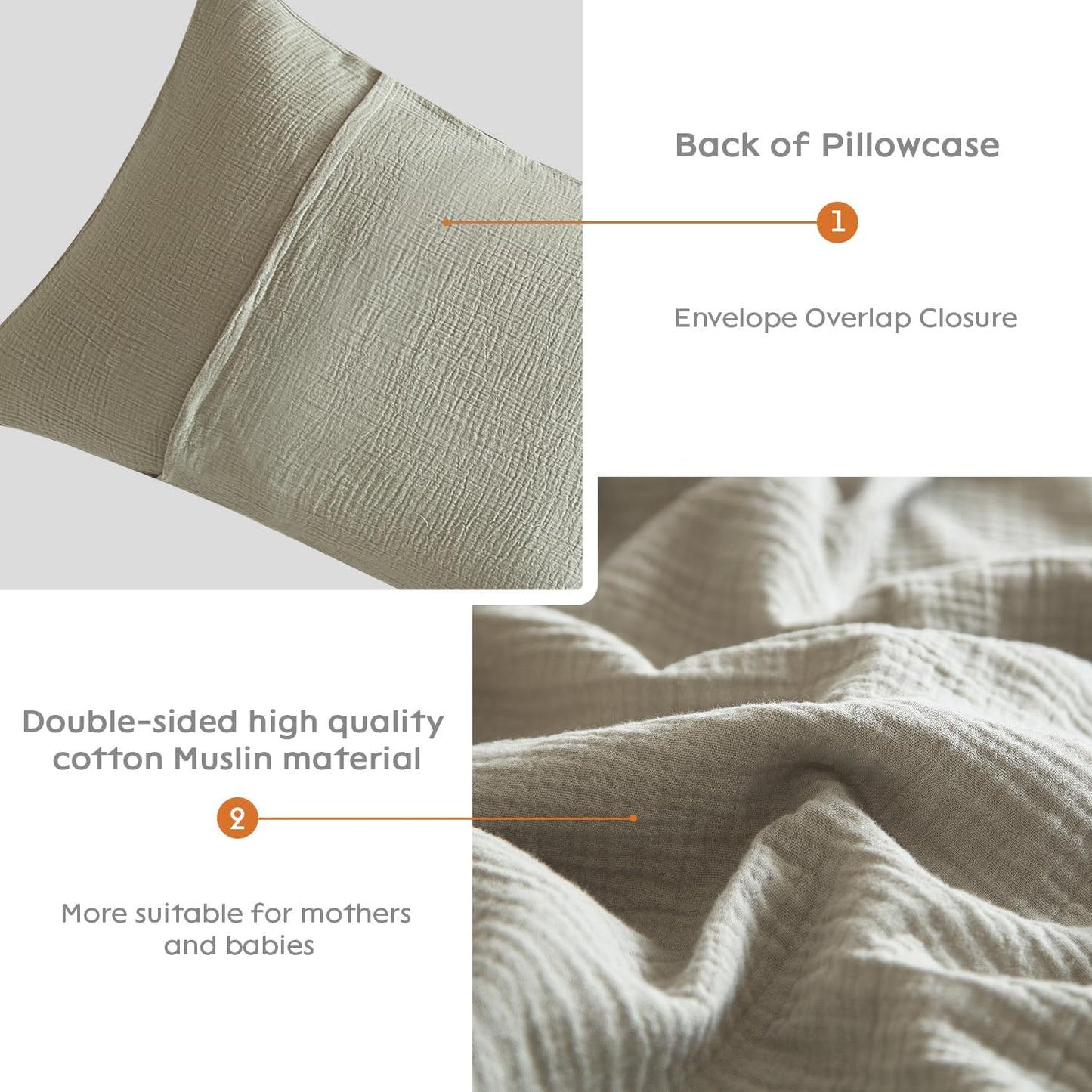 SE SOFTEXLY Muslin Pillowcases Standard Size 100% Cotton, 2 Pack Linen Like Pillow Shams with Envelope Closure, Ultral Soft and Breathable Pillow Case Covers, Smoky-Green, 20" X 26", No Filling