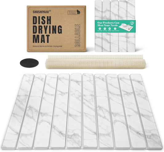Stone Dish Drying Mat Collapsible Diatomaceous Earth Absorbent Mat Quick Dish Drying Pad Dish Rack Pad Match Any Counterto Multiple Usage for Kitchen,Bathroom (White Marble Pattern, 24"L x 16"W)