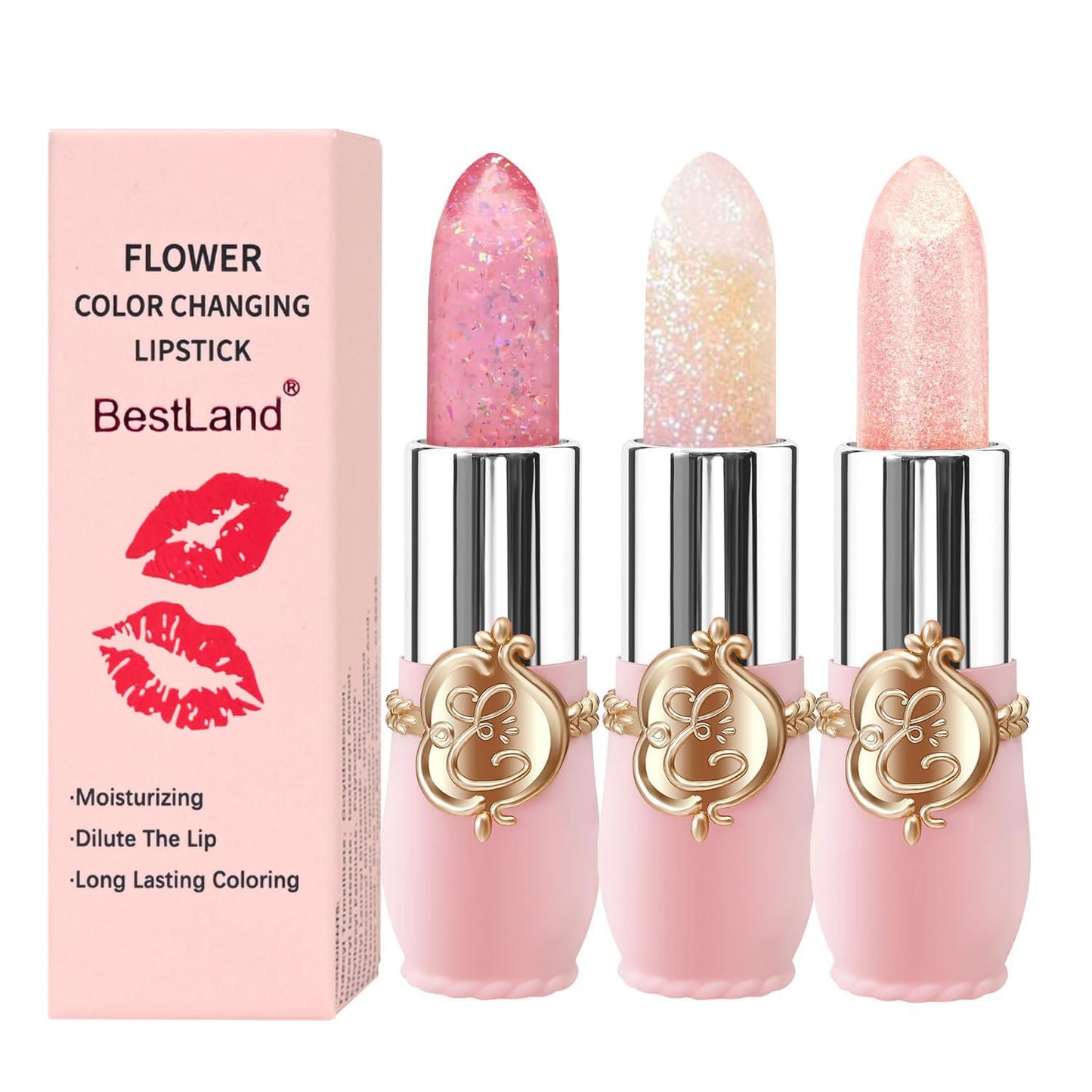 BestLand 3 Pcs/Set Flower Jelly Lipstick Set Temperature Change Moisturizer Long Lasting Nutritious Glossy Shine Lip Balm Magic Gold Crystal PH Color Change Lip Gloss for Women