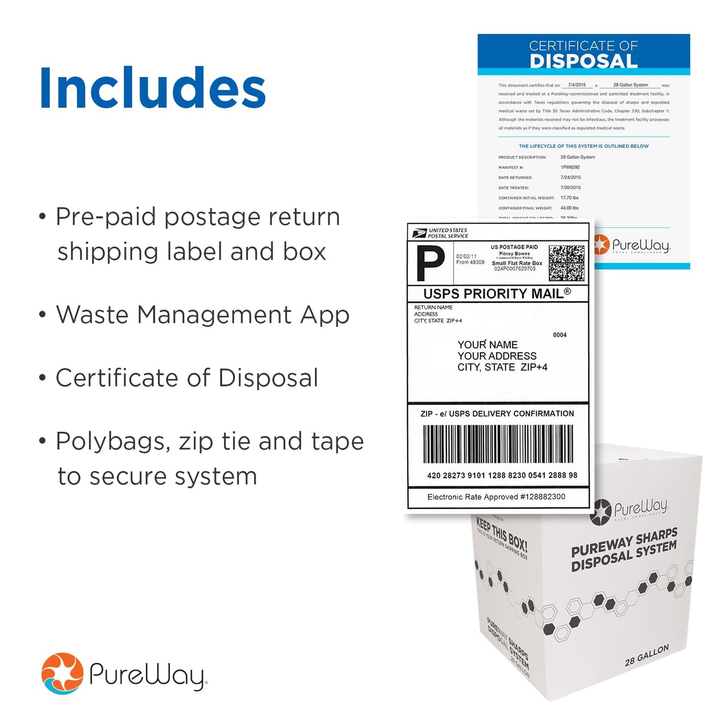 MailBack 8 Gallon PureWay Sharps Container Disposal System - [PrePaid Return Label Included] for Home, Travel, Professional, and Personal Use