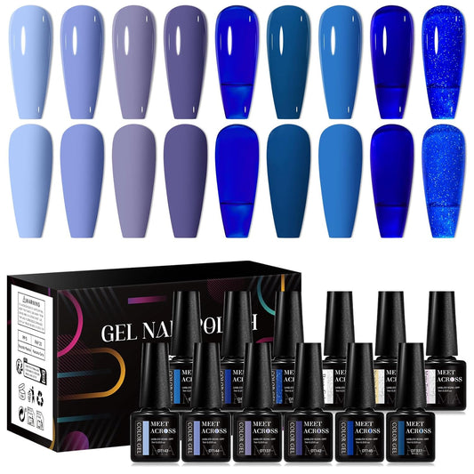 MEET ACROSS 9 Colors Gel Nail Polish + 3PCS Function Gel Nail Polish Kit,Fashion Nail Art Set Design Gifts for Women Manicure Salon (SET8, 12pcs)