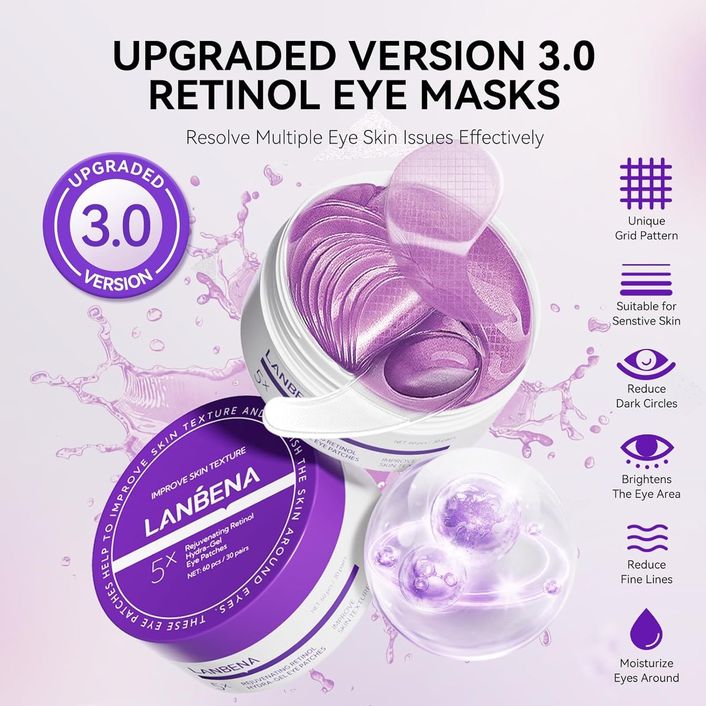 LANBENA Retinol Under Eye Patches for Dark Circles and Puffy Eyes, Cooling Eye Masks for Eye Bags, Fine Lines & Wrinkles Reduce, Anti-Aging, Hydra-Gel Collagen-30 Pairs
