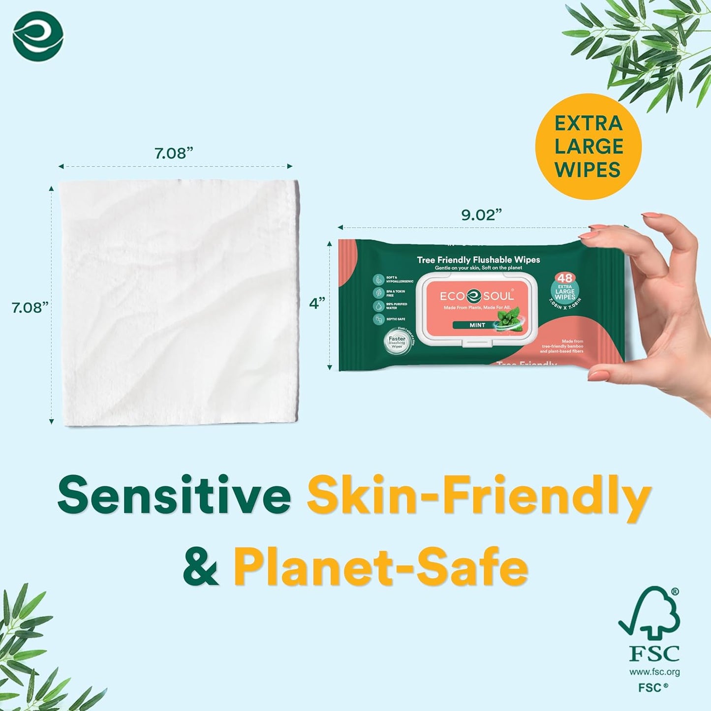 ECO SOUL Bamboo Flushable Wipes For Adult- Mint 192 Wipes |4 Pack of 48| Eco-Friendly Wipes| 99% Purified Water, Hypoallergenic, Soft Wipes, BPA & Paraben free