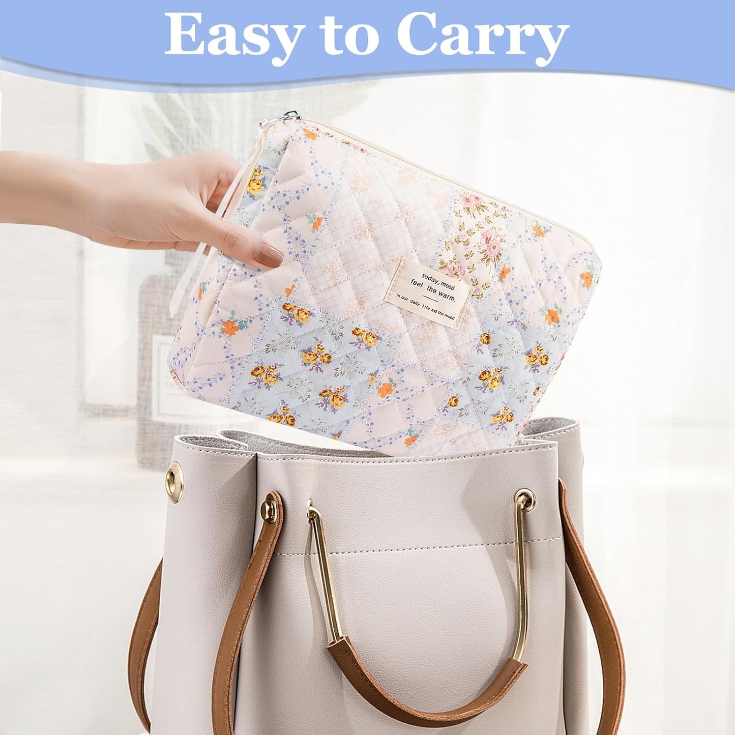 Floral Makeup Bag, Small Cosmetic Bag for Women Girls, Cute Cotton Makeup Bag, Quilted Makeup Bags, Flower Travel Toiletry Organizer Bag(Folk Style)