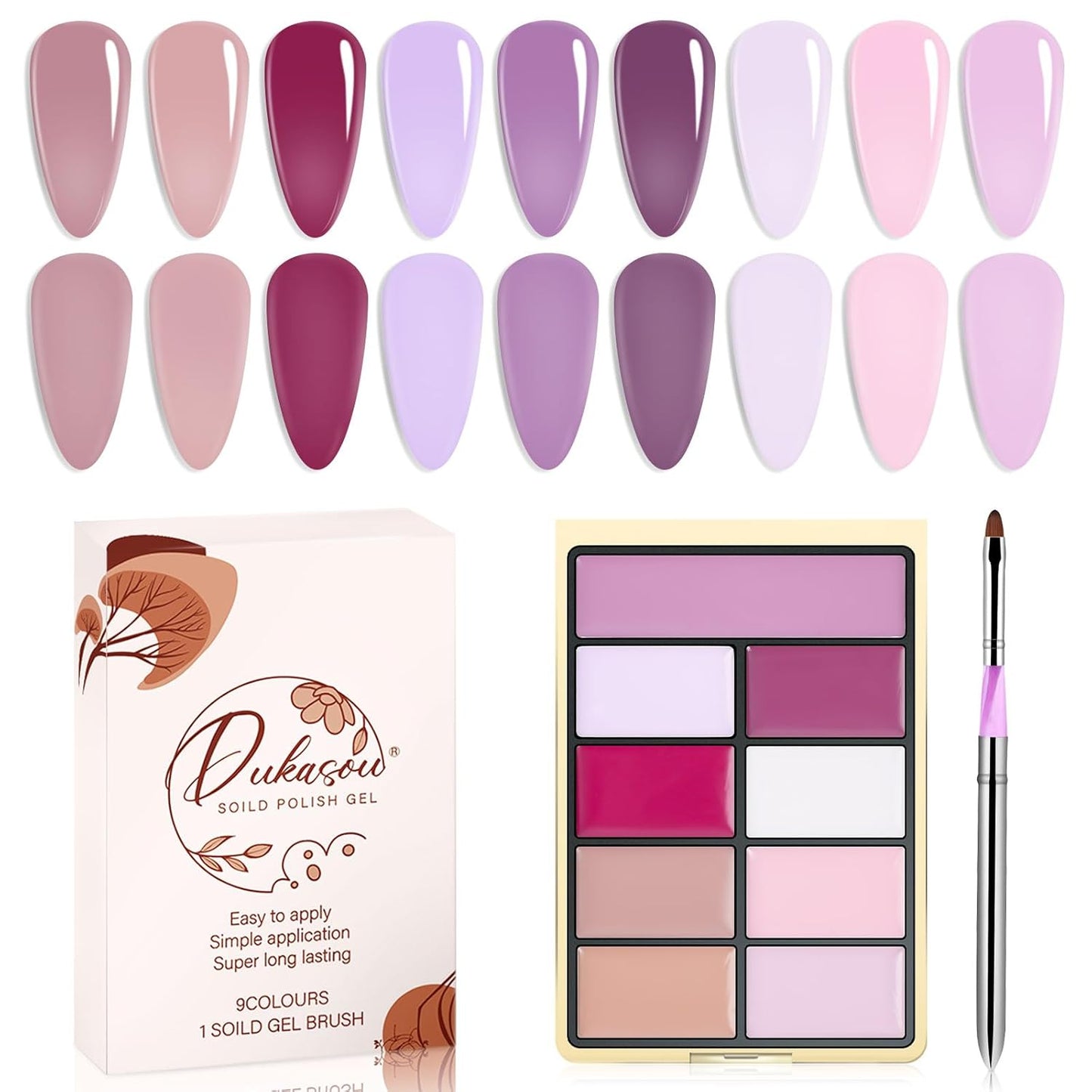 Solid Gel Nail Polish Set, 9 Colors Pink Purple Solid Cream Gel Polish Palette with Brush, Solid Ombre Nail Polish for Women DIY Manicure Art