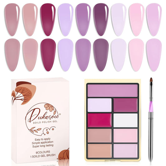 Solid Gel Nail Polish Set, 9 Colors Pink Purple Solid Cream Gel Polish Palette with Brush, Solid Ombre Nail Polish for Women DIY Manicure Art