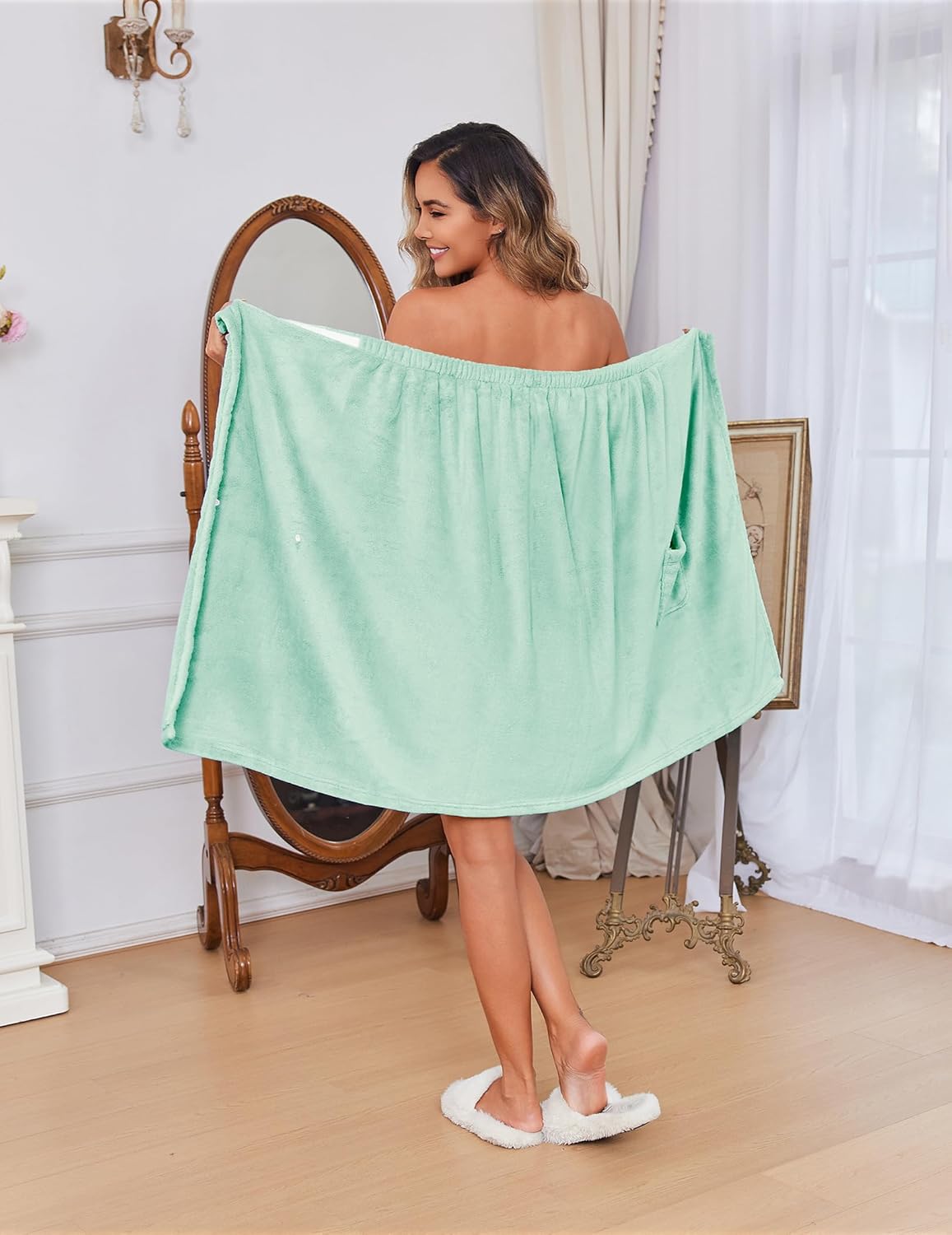 Ekouaer Women's Plush Towel Wrap Soft Lightweight Shower Wrap Absorbent Spa Body Wrap Bath Robe with Velcro S-L