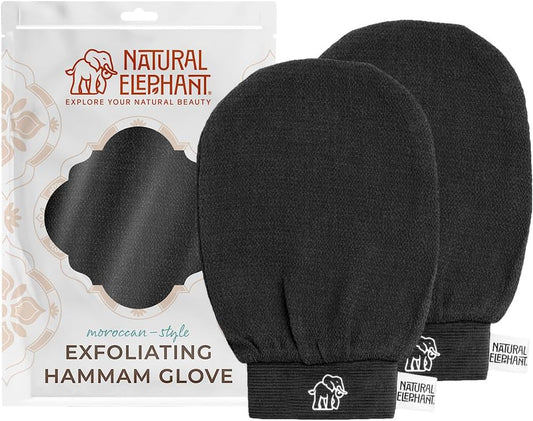 Natural Elephant Exfoliating Hammam Glove | Authentic Moroccan Kessa Body Scrub Mitt for Spa-Quality Skin Renewal | Pure Black 2 Pack