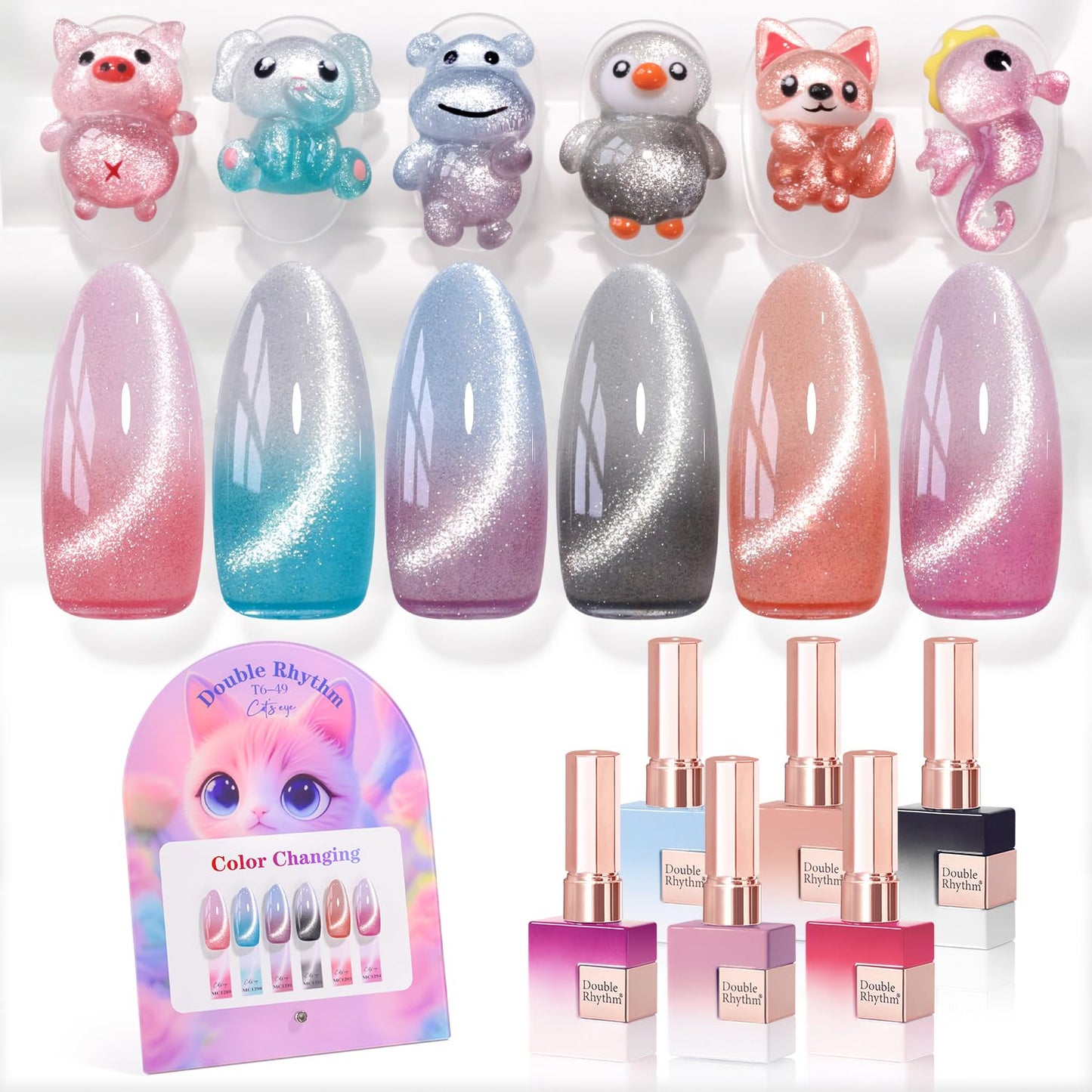 Double Rhythm Cat Eye Gel Nail Polish Set of 6 Same Color Same Bottle 0.5 Oz Shimmer Glitter with Magnet Holographic Reflective Magnetic UV Nail Polish Kit at Home (Color Changing-T6-49)