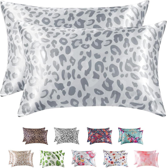MR&HM Satin Pillowcase for Hair and Skin, Silk Satin Pillowcase 2 Pack, King Size Pillow Cases Set of 2, Silky Pillow Cover with Envelope Closure (20x36, Silver Leopard)
