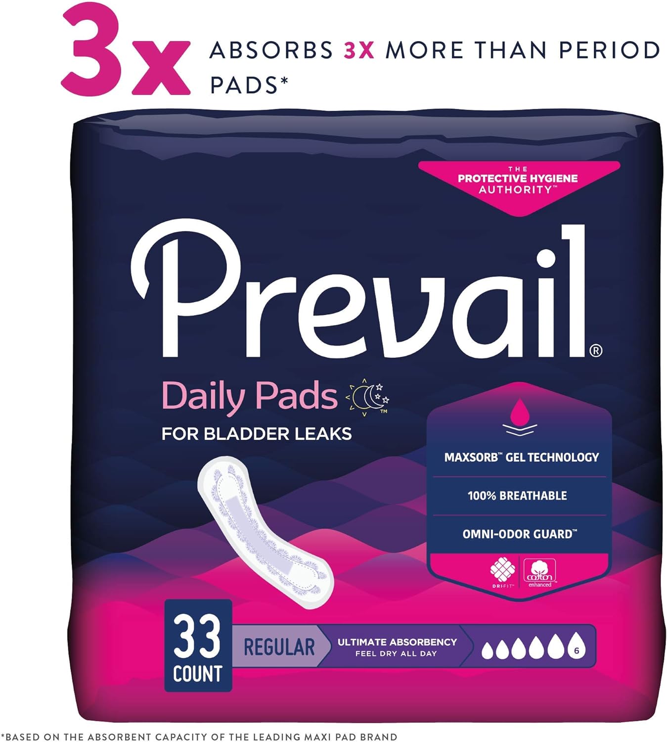 Prevail Ultimate Absorbency Incontinence Bladder Control Pads for Women, Regular Length, 33 Count