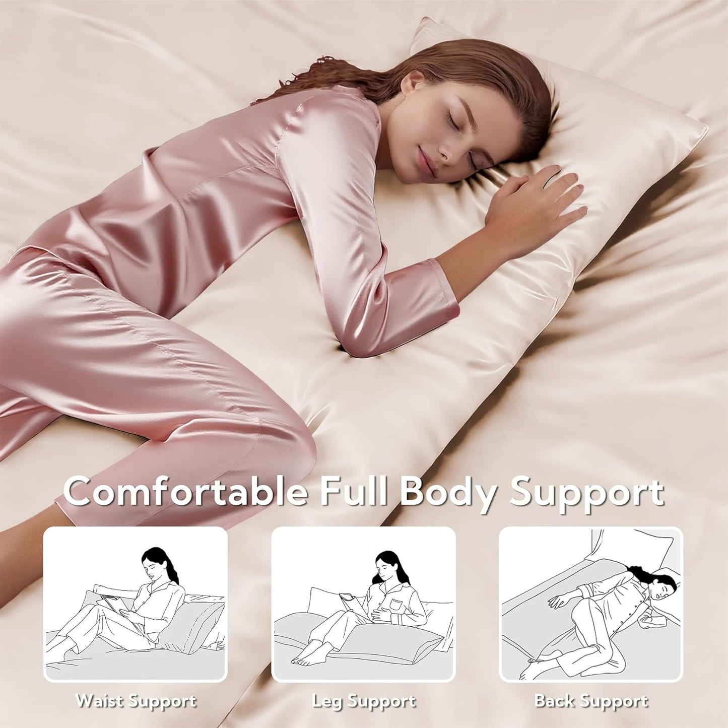 MR&HM Satin Body Pillow Cover, Soft and Breathable Body Pillow Case with Envelope Closure, Cooling and Silky Long Pillowcase for Hair and Skin,Grey (20x54, Beige)