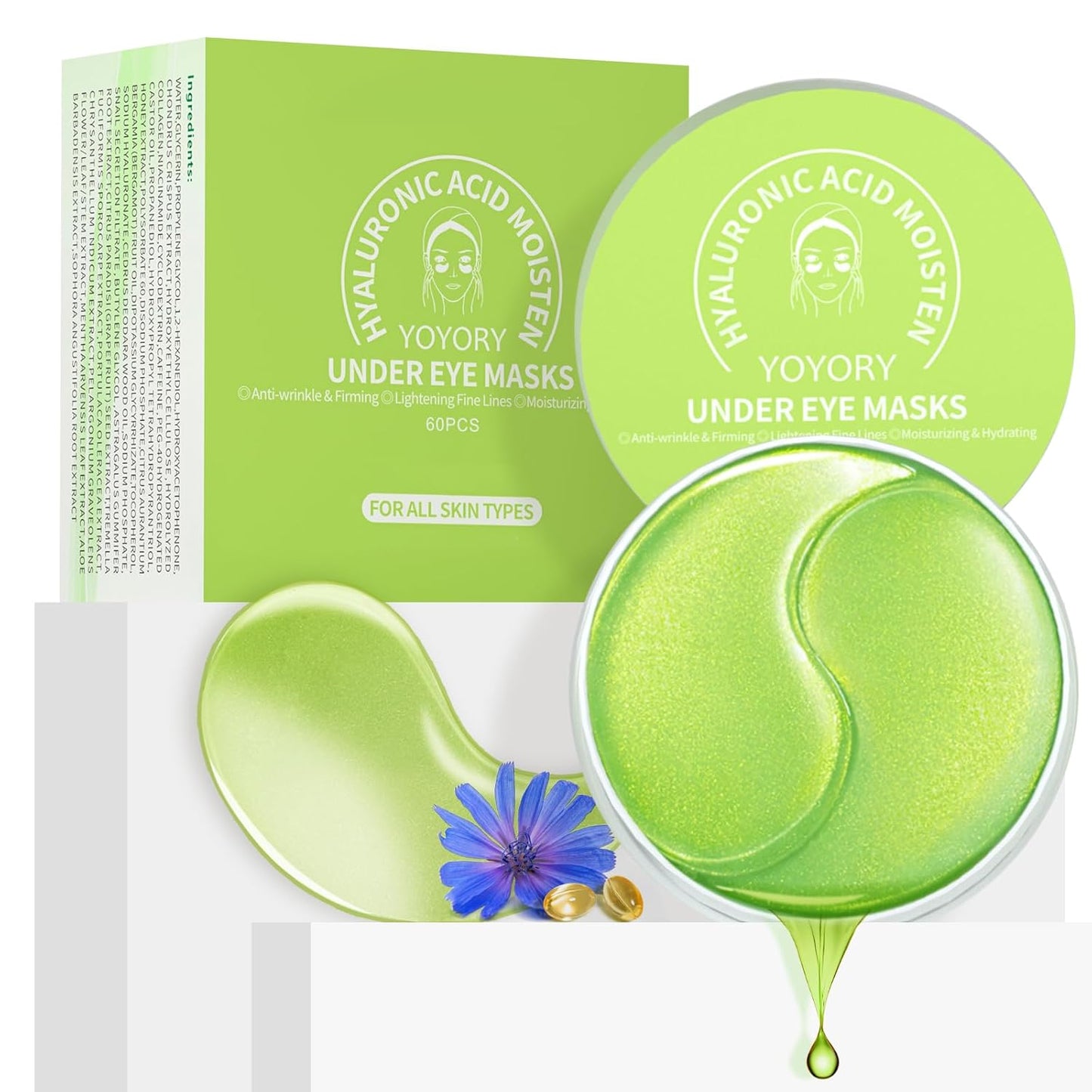 Under Eye Patches Masks - for Eye Bags with Collagen and Hyaluronic Acid, Dark Circles,and Fine Lines, Fade Wrinkles Treatment for Women and Men - 60 Pcs Green