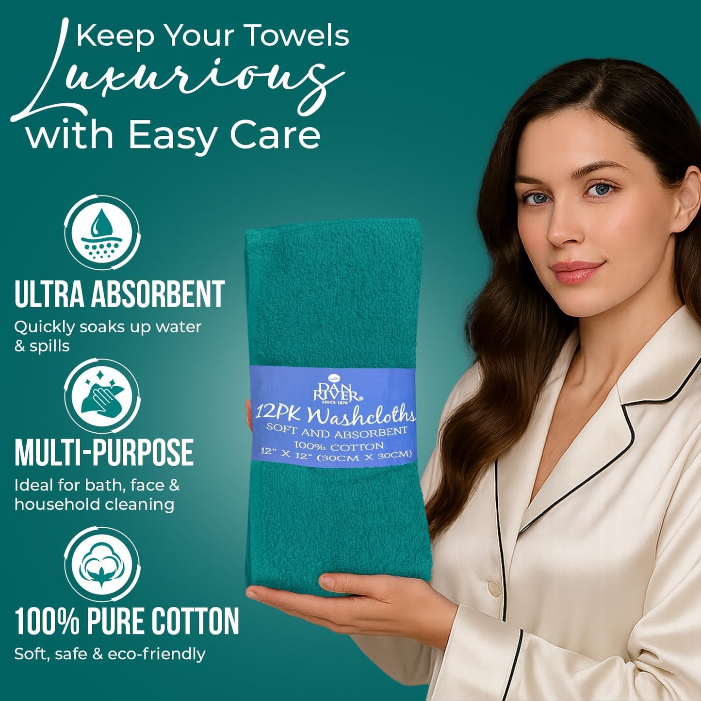 DAN RIVER 100% Cotton Wash Cloths 12 Pack [12x12] Soft & Absorbent Soft washcloths, Gym, Hotels & Spa Perfect for Everyday Use Fingertip Towels, Teal