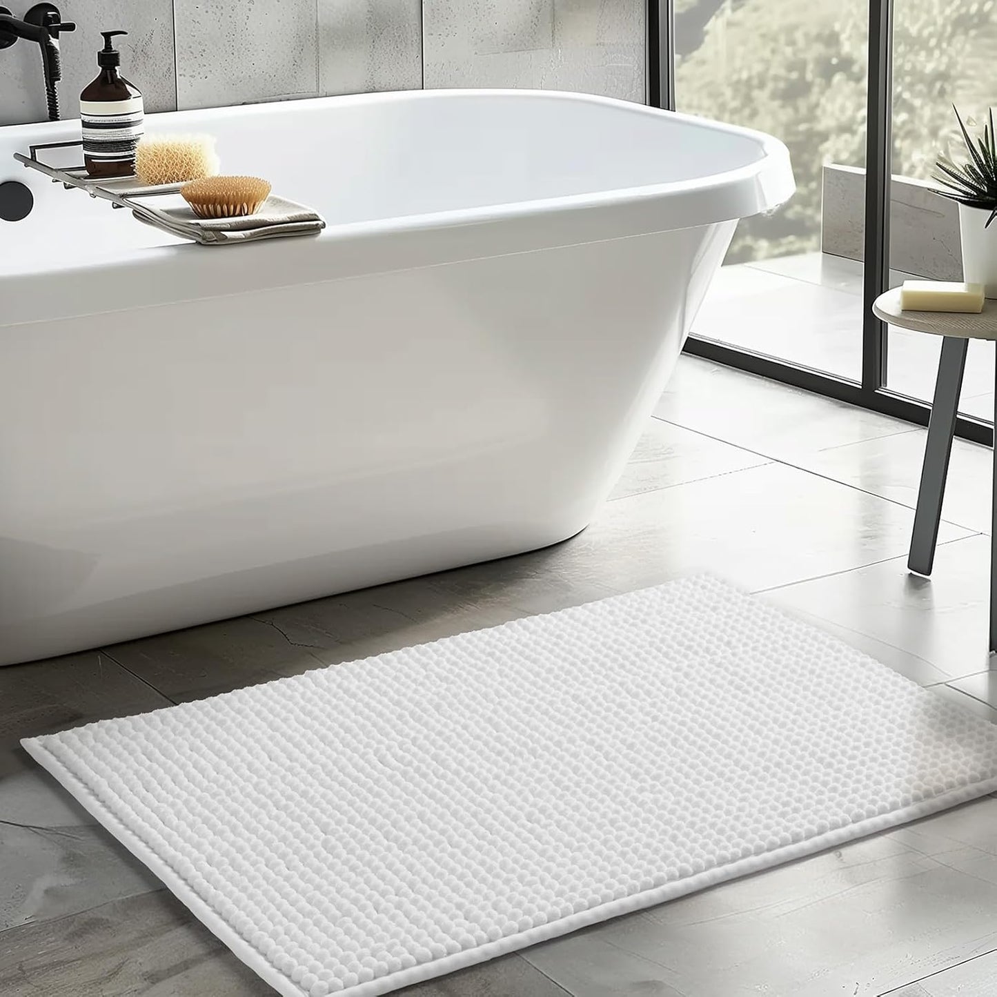 FRESHMINT Thick Chunky Chenille Bathroom Rug, 24"x36", Non Slip Bath Mat, Soft Bathroom Decor, Cute Shower Mat, Water Absorbent, Washable, Bright White