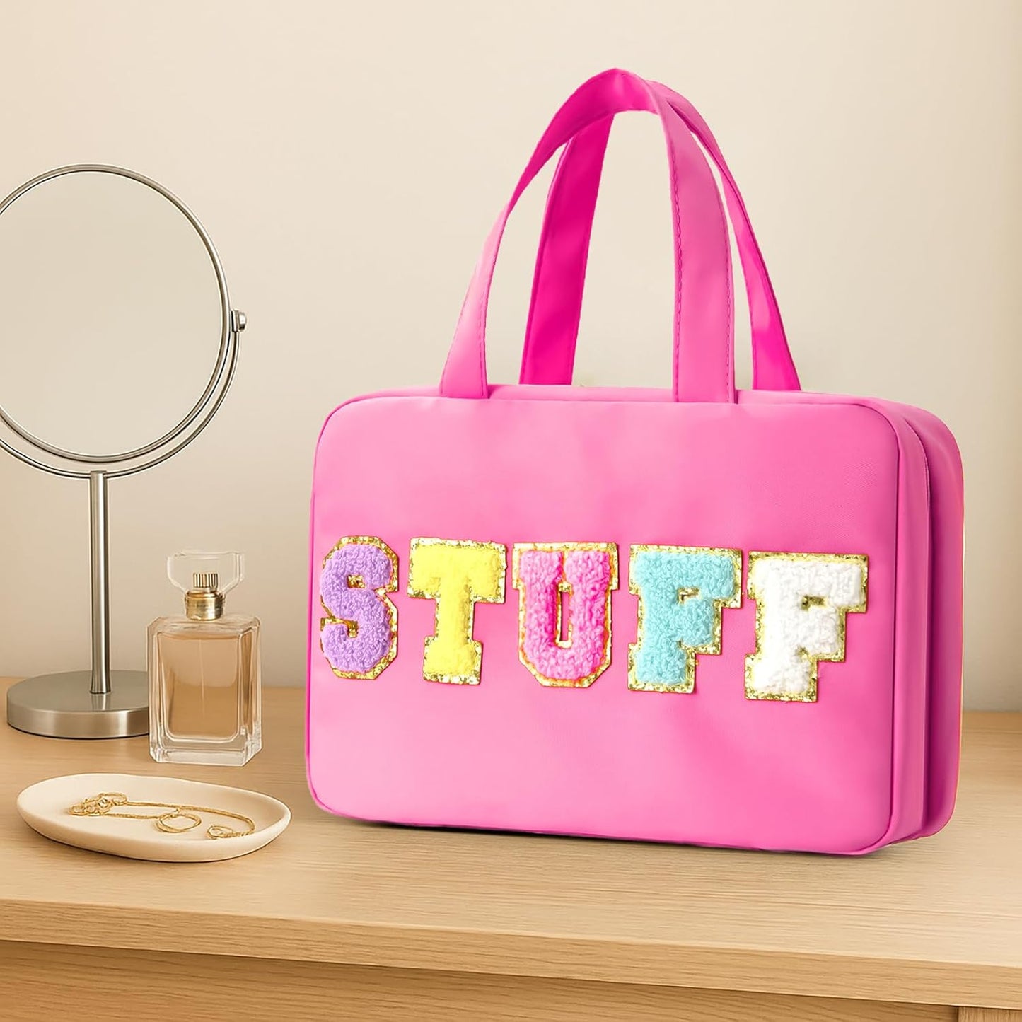 Toiletry Bag with Hanging Hook Chenille Letter Cosmetic Bag Spacious Travel Bag Water-resistant Makeup Bag for Store Toiletries Cosmetic Accessories and Sets for Women Rose Red