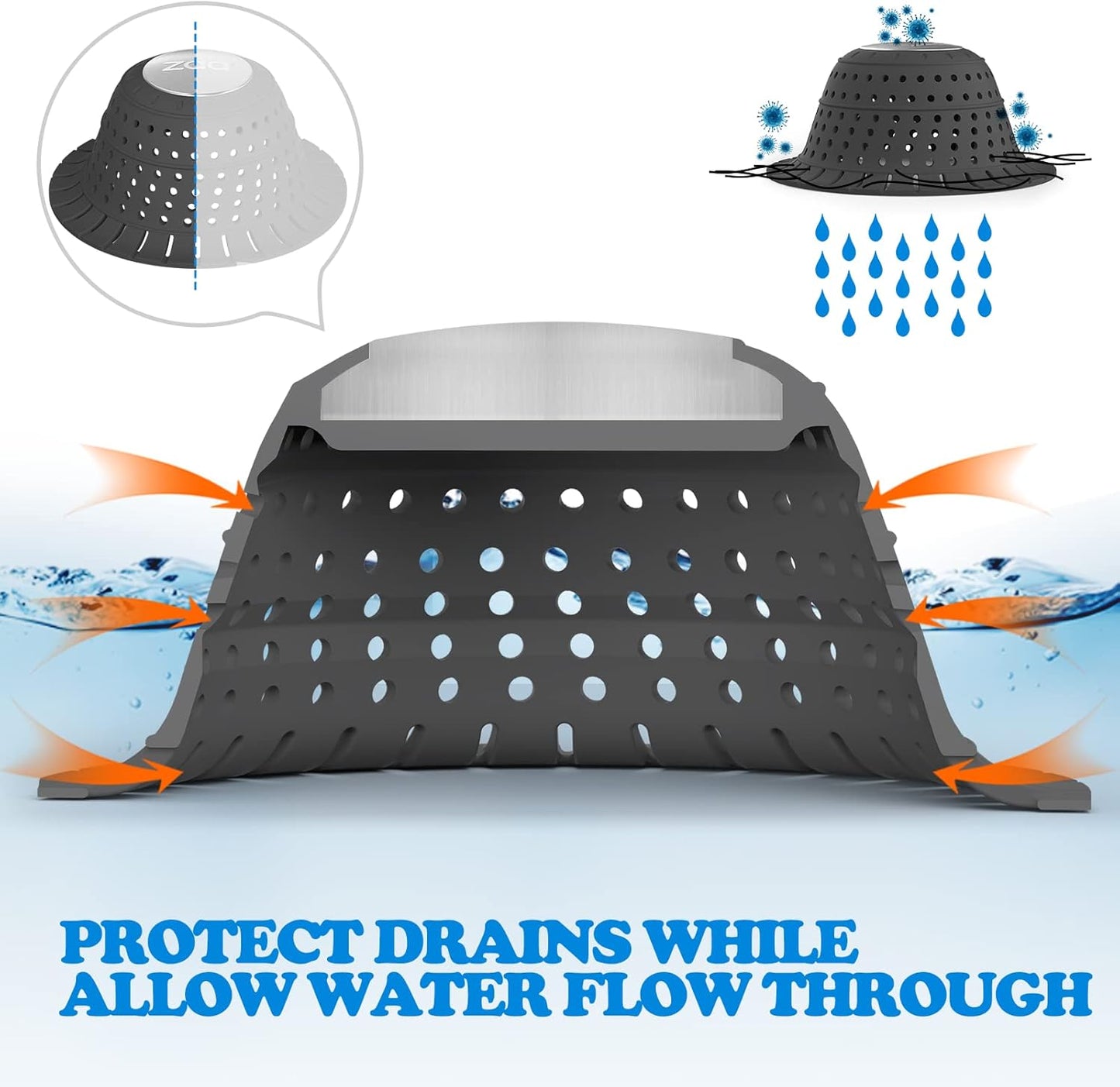 zaa Bathtub Drain Hair Catcher, 2 Pack Silicone Collapsible Bathtub Drain Cover Hair Catcher & Protector for Pop-Up & Regular Drains of Shower, Bathtub, Tub, Bathroom, Sink, Black Black