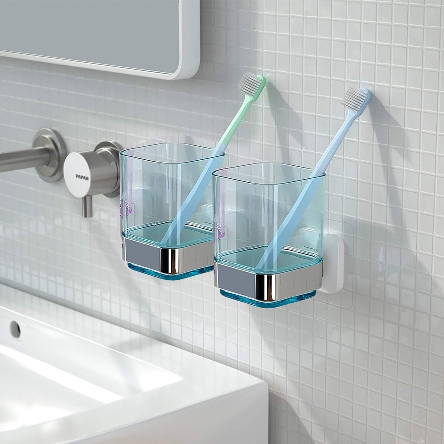 Wall-Mounted Tumbler and Toothbrush Holder, Wall Mounted Adhesive Hanging Electric Toothbrush Organizer Stand for Bathroom, No Drilling Required (Blue+Chrome, 3.93"X3.93"X2.97")