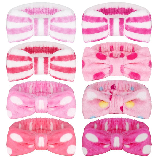 Ondder 8 Pcs Striped Spa Terry Cloth Headbands - Face Wash, Skincare, and Makeup Headbands with Cute Bow for Women